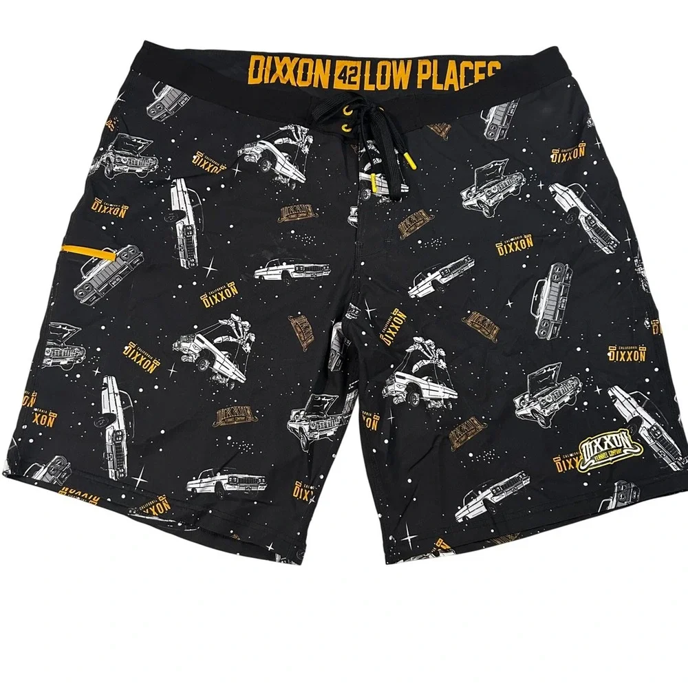 DIXXON Low Places Board Shorts Men 42 XXL Black Lowrider Classic Car Swim Trunks
